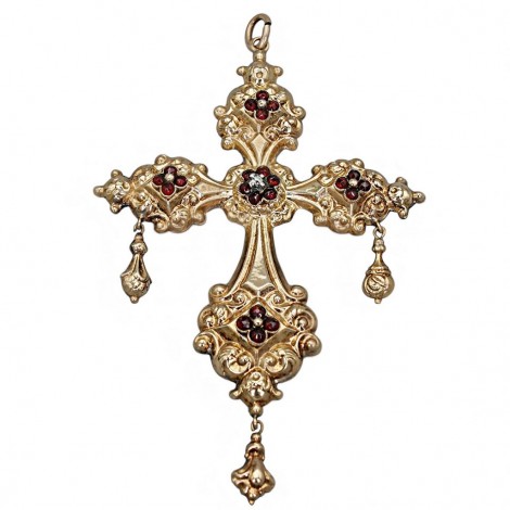 Impresionant pandant victorian cruce Biedermeier din aur galben 14k, cu diamant  și granate naturale | cca. 1850 - 1880