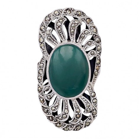 Inel statement în manieră Art Deco din argint decorat cu agat verde natural și incrustații de marcasite