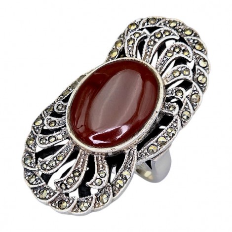 Inel statement în manieră Art Deco din argint decorat cu carneol natural și incrustații de marcasite