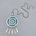 Colier din argint cu pandant statement mexican Aztec Revival intarsiat cu email negru și turcoaz natural | atelier Taxco | cca. 1970 