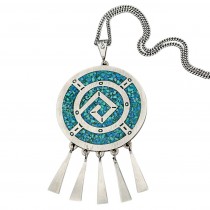 Colier din argint cu pandant statement mexican Aztec Revival intarsiat cu email negru și turcoaz natural | atelier Taxco | cca. 1970 