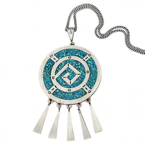 Colier din argint cu pandant statement mexican Aztec Revival intarsiat cu email negru și turcoaz natural | atelier Taxco | cca. 1970 