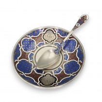 Garnitură din argint 950 pentru servirea caviarului formată din fafurie și lingură cu decor emailat cloisonné | ateller Martial Fray - Paris cca. 1850