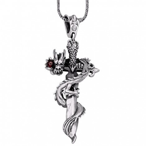 Colier unisex cu pandant din argint masiv Dragon Warrior decorat cu granat natural | colecția RĂDĂCINI