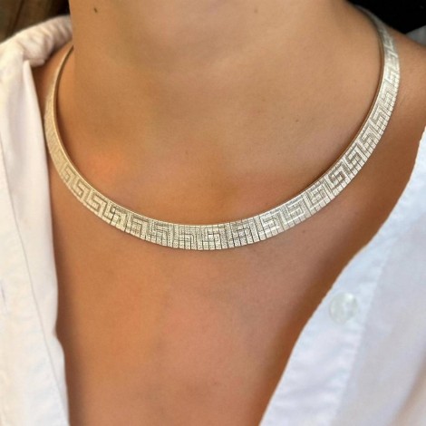 Colier choker mesh din argint texturat decorat prin gravare cu meandre grecești | cca. 1980 - 1990