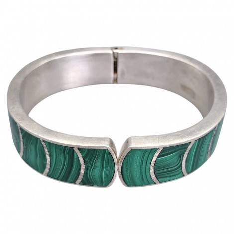Brățară bangle modernistă mexicană din argint masiv și malachit natural | atelier Taxco cca. 1980 - 1990