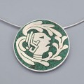 Colier choker accesorizat cu pandant statement mexican Mayan Revival manufacturat în argint intarsiat cu mozaic de malachit natural | atelier Taxco cca. 1970