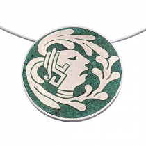 Colier choker accesorizat cu pandant statement mexican Mayan Revival manufacturat în argint intarsiat cu mozaic de malachit natural | atelier Taxco cca. 1970