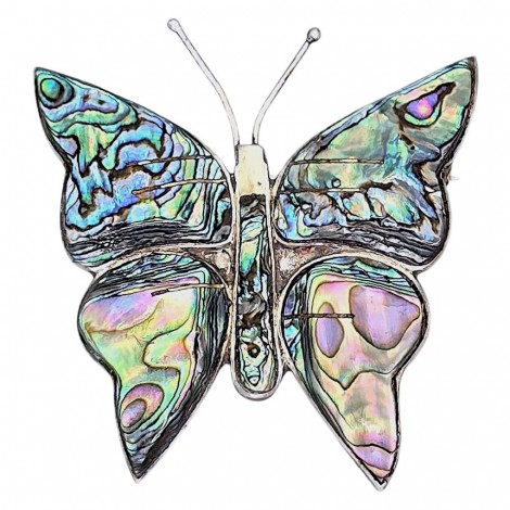 Veche broșă mexicană Fluture manufacturată în argint și sidef de scoică Abalone | atelier Taxco cca. 1950