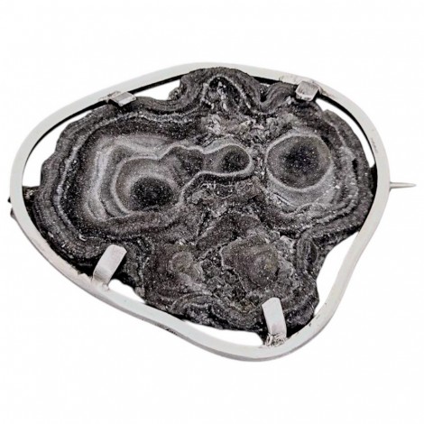 Broșă statement de perioadă mid-century manufacturată în argint și calcedonia druzitică | Germania cca.1950 - 1960