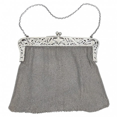 Poșetă chatelaine de perioadă Art Nouveau din alpaca argintată | Franța cca. 1900 - 1910