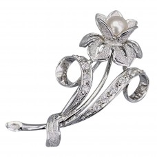 Rafinată broșă Majorica din argint rodinat decorată cu perlă de Mallorca și incrustații de cristale cz | Spania cca. 1970 