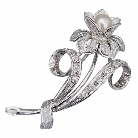 Rafinată broșă Majorica din argint rodinat decorată cu perlă de Mallorca și incrustații de cristale cz | Spania cca. 1970 