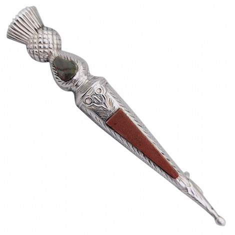 Broșă antique de perioadă edwardiană Scottish Revival manufacturată în argint decorată cu heliotrop și jasp roșu natural | Marea Britanie cca. 1900 - 1910