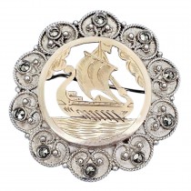 Broșă antique de perioadă Art Deco Drakkar - Viking Revival manufacturată în argint | manieră Peeter Rooslaid | Estonia cca.1930