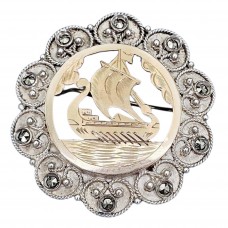 Broșă antique de perioadă Art Deco Drakkar - Viking Revival manufacturată în argint | manieră Peeter Rooslaid | Estonia cca.1930