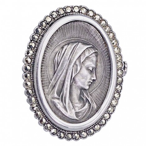 Broșă antique de perioadă Art Deco " Fecioara Maria " din argint și incrustații de marcasite | Franța cca. 1920 - 1930