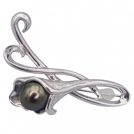 Broșă - pandant statement din argint rodinat decorată cu o remarcabilă perlă neagră Tahiti de cultură în apă sărată | cca. 1990