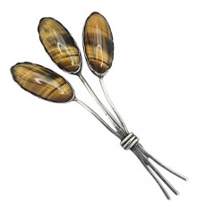 Broșă vintage modernistă manufacturată în argint cu anturaje de cuarț metamorfic " ochi de tigru " natural | cca. 1960 - 1970