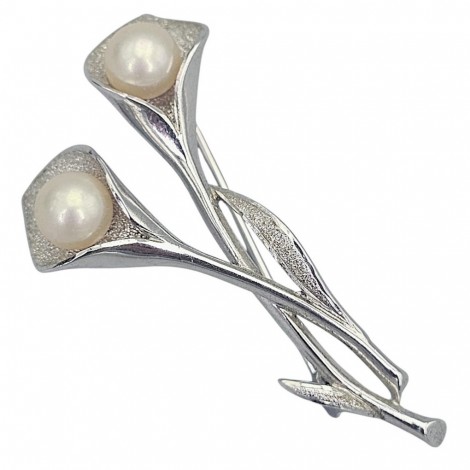 Elegantă broșă modernistă “ Flori de cală “ din argint rodinat cu perle man-made | cca.1990