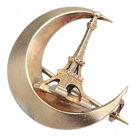 Rafinată broșă antique „Tour Eiffel - Exposition Universelle de Paris 1889 " din argint aurit vermeil | Franța cca. 1889