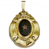 Broșă-pandant antique de perioadă victoriană în manieră Biedermeier din argint aurit decorată cu onix și perluță naturală | Germania cca. 1900