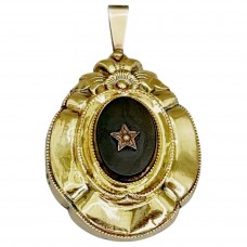 Broșă-pandant antique de perioadă victoriană în manieră Biedermeier din argint aurit decorată cu onix și perluță naturală | Germania cca. 1900