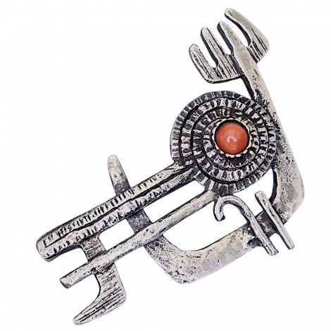 Inedită broșă statement mid-century din argint texturat și coral natural de Sardinia | bijuterie de autor | | semnată Elio | cca. 1950