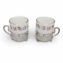 Garnitură tete a tete pentru cafea formată din 2 cești din argint și porțelan bavarez | cca. 1960