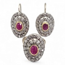 Set de bijuterii Belle Époque din aur 12k și argint cu rubine și diamante naturale 3.10 CT | cca. 1890 - 1910