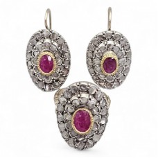 Set de bijuterii Belle Époque din aur 12k și argint cu rubine și diamante naturale 3.10 CT | cca. 1890 - 1910