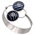 Brățară bangle de perioadă mid-century Atomic Age manufacturată în argint texturat cu agate bandate naturale | cca. 1950 -1960