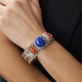 Brățară statement etnică sino-tibetană manufacturată în argint masiv decorată cu lapis lazuli și coral Sherpa | Nepal cca. 1950 - 1970