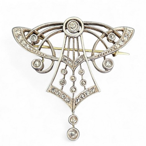 Broșă - pandant Art Nouveau devant-de-corsage din aur 14k și diamante naturale 0.56 ct montate în argint | Franța cca. 1900 - 1910