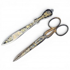 Set de corespondență din oțel incrustat cu aur și argint compus din foarfecă de caligraf și coupe-papier | atelier J.E. Hedengran & Son – Eskilstuna, Suedia cca. 1880