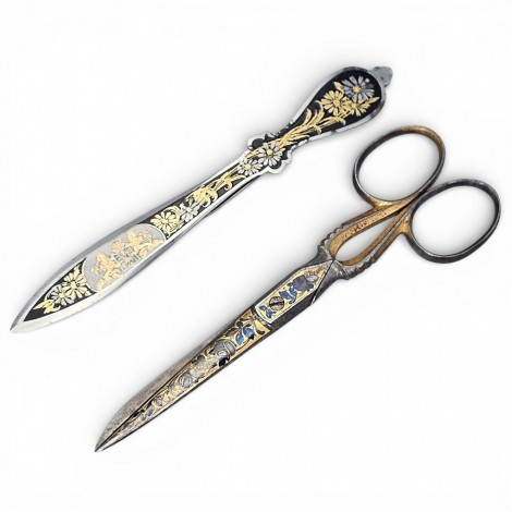 Set de corespondență din oțel incrustat cu aur și argint compus din foarfecă de caligraf și coupe-papier | atelier J.E. Hedengran & Son – Eskilstuna, Suedia cca. 1880