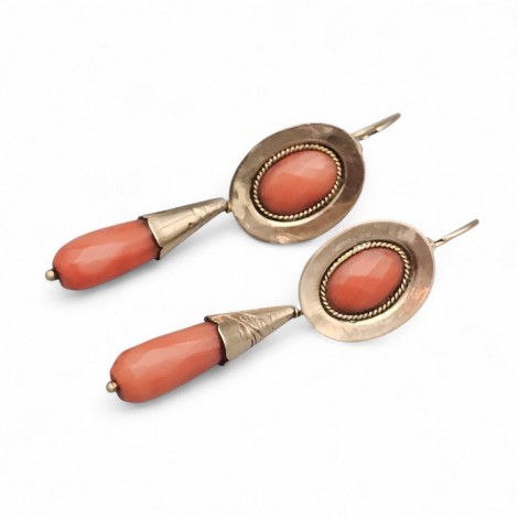 Cercei convertibili 2 în 1 de perioadă Belle Epoque din aur 12k și coral mediteranean natural | Italia cca.1880 - 1910