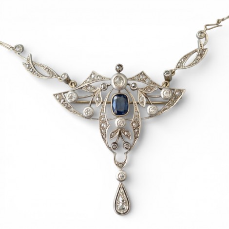 Colier  Art Nouveau din aur 18K cu safir natural și diamante naturale 1.46 ct montate în argint | cca. 1900–1910