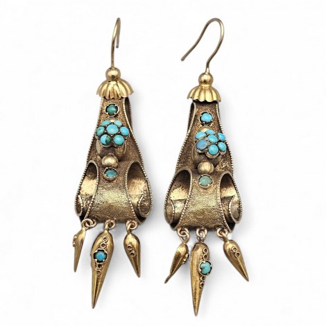 Cercei victorieni Etruscan Revival din aur 18 k și 14k cu turcoaze naturale | Marea Britanie cca. 1850
