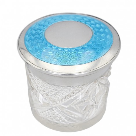 Recipient Art Deco pentru pudră de machiaj din cristal și argint emailat guilloche | Londra anul 1912