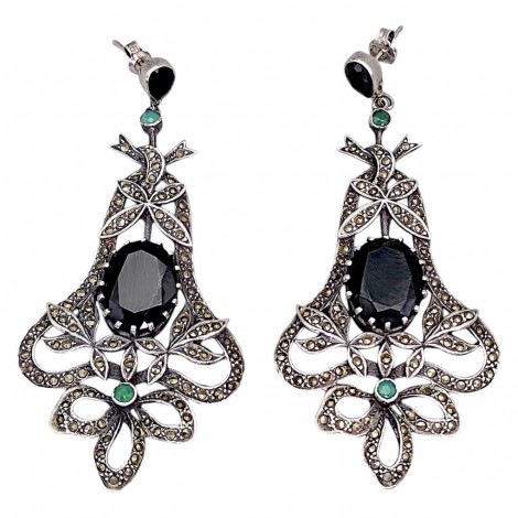 Remarcabili cercei statement Art Deco Inspired din argint decorați cu incrustații de marcasite și cristale multifațetate | preloved cca. 1980 - 1990 