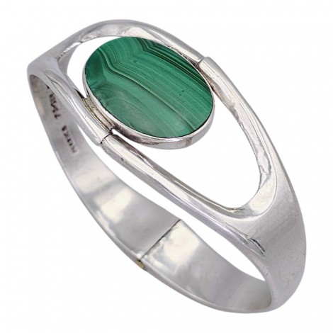 Brătară statement modernistă mexicană manufacturată în argint masiv și malachit natural | atelier Taxco cca. 1990