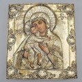 Icoană veche ortodoxă "Maica Domnului cu Pruncul" (Glykophilousa) | tempera pe lemn cu ferecătură în argint de secol XVIII | școala rusească