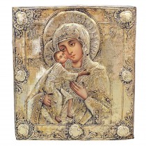 Icoană veche ortodoxă "Maica Domnului cu Pruncul" (Glykophilousa) | tempera pe lemn cu ferecătură în argint de secol XVIII | școala rusească