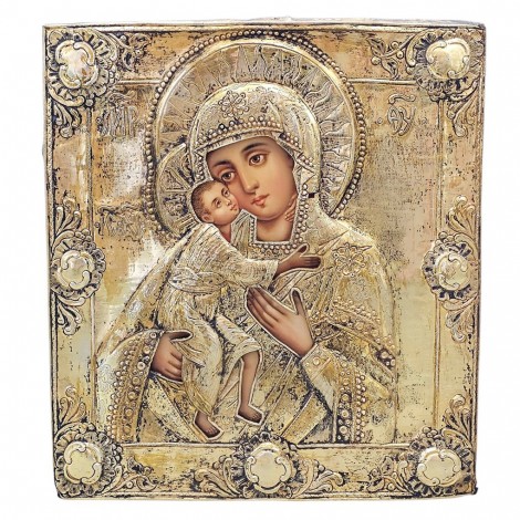 Icoană veche ortodoxă "Maica Domnului cu Pruncul" (Glykophilousa) | tempera pe lemn cu ferecătură în argint de secol XVIII | școala rusească