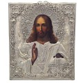 Veche icoană "Iisus Pantocrator" în tempera pe lemn cu ferecătură în argint | școala rusească - Moscova cca.1857