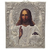 Veche icoană "Iisus Pantocrator" în tempera pe lemn cu ferecătură în argint | școala rusească - Moscova cca.1857