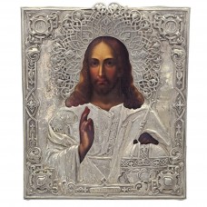 Veche icoană "Iisus Pantocrator" în tempera pe lemn cu ferecătură în argint | școala rusească - Moscova cca.1857
