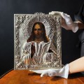 Veche icoană "Iisus Pantocrator" în tempera pe lemn cu ferecătură în argint | școala rusească - Moscova cca.1857