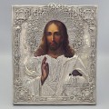 Veche icoană "Iisus Pantocrator" în tempera pe lemn cu ferecătură în argint | școala rusească - Moscova cca.1857
